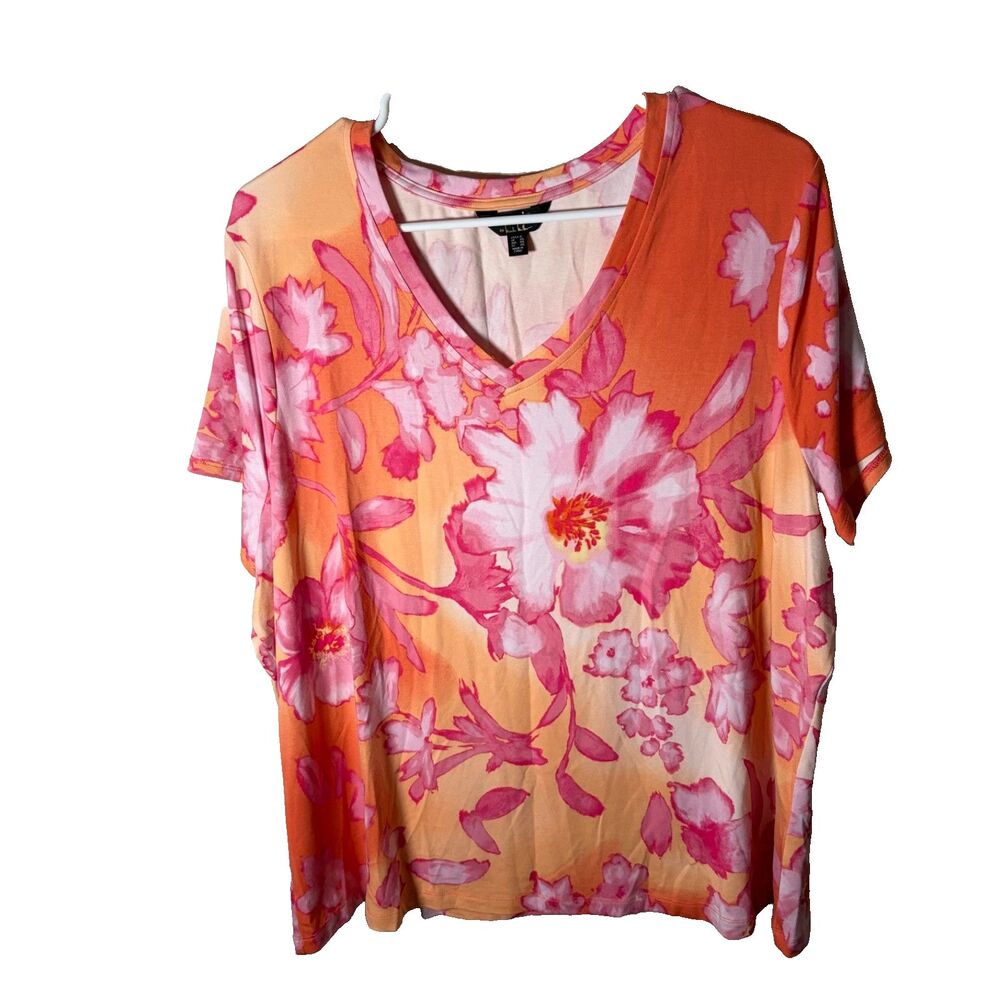 Nicole Miller T-Shirt Women's XL Floral Printed Short Sleeve Pink Orange Casual